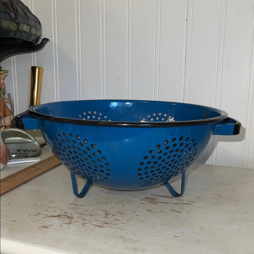 Antique blue enamel ware sieve colander metal black trim
